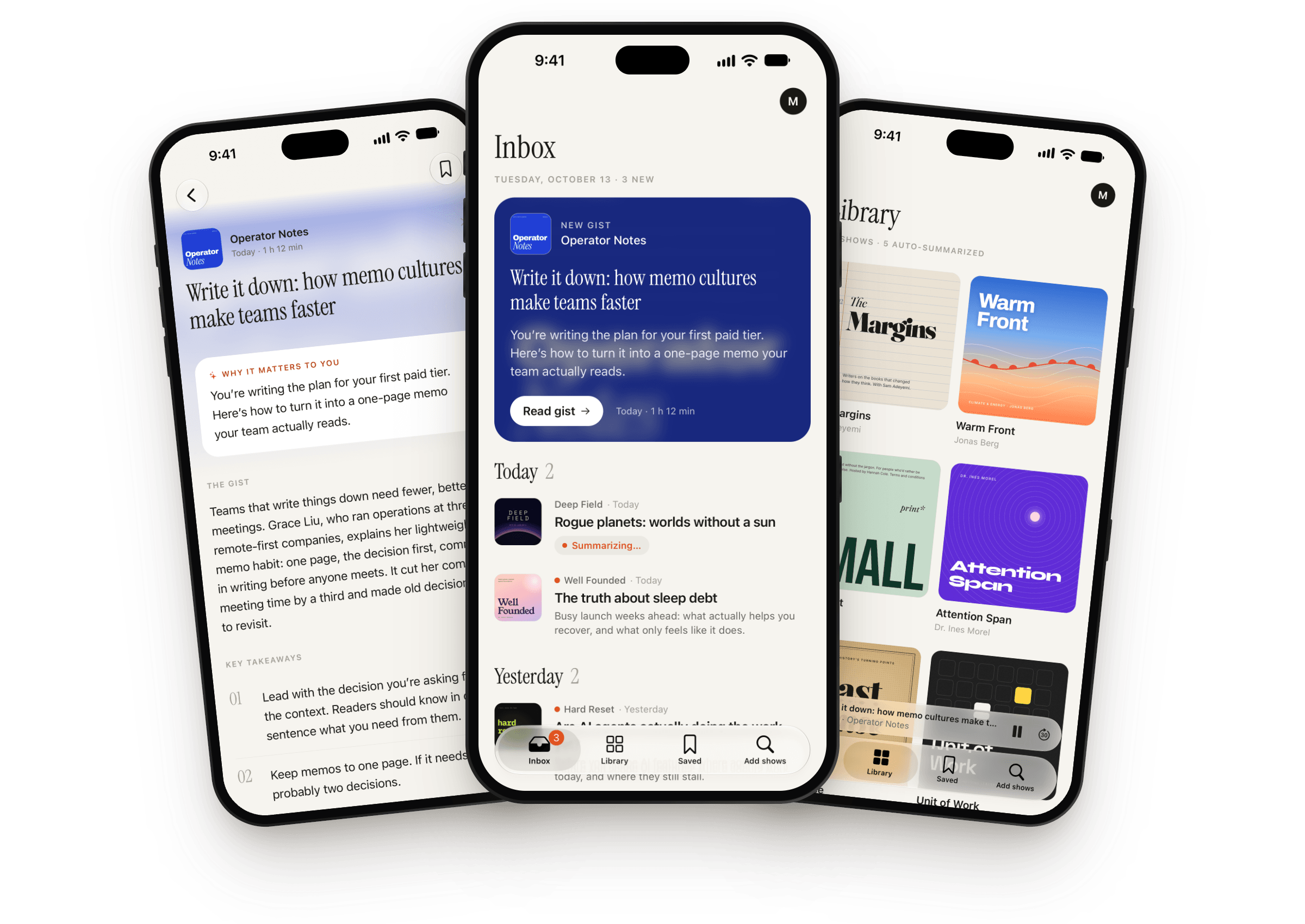 Three iPhones running Podgist: a personal gist of a podcast episode, the inbox with a new gist, and the library of followed shows.