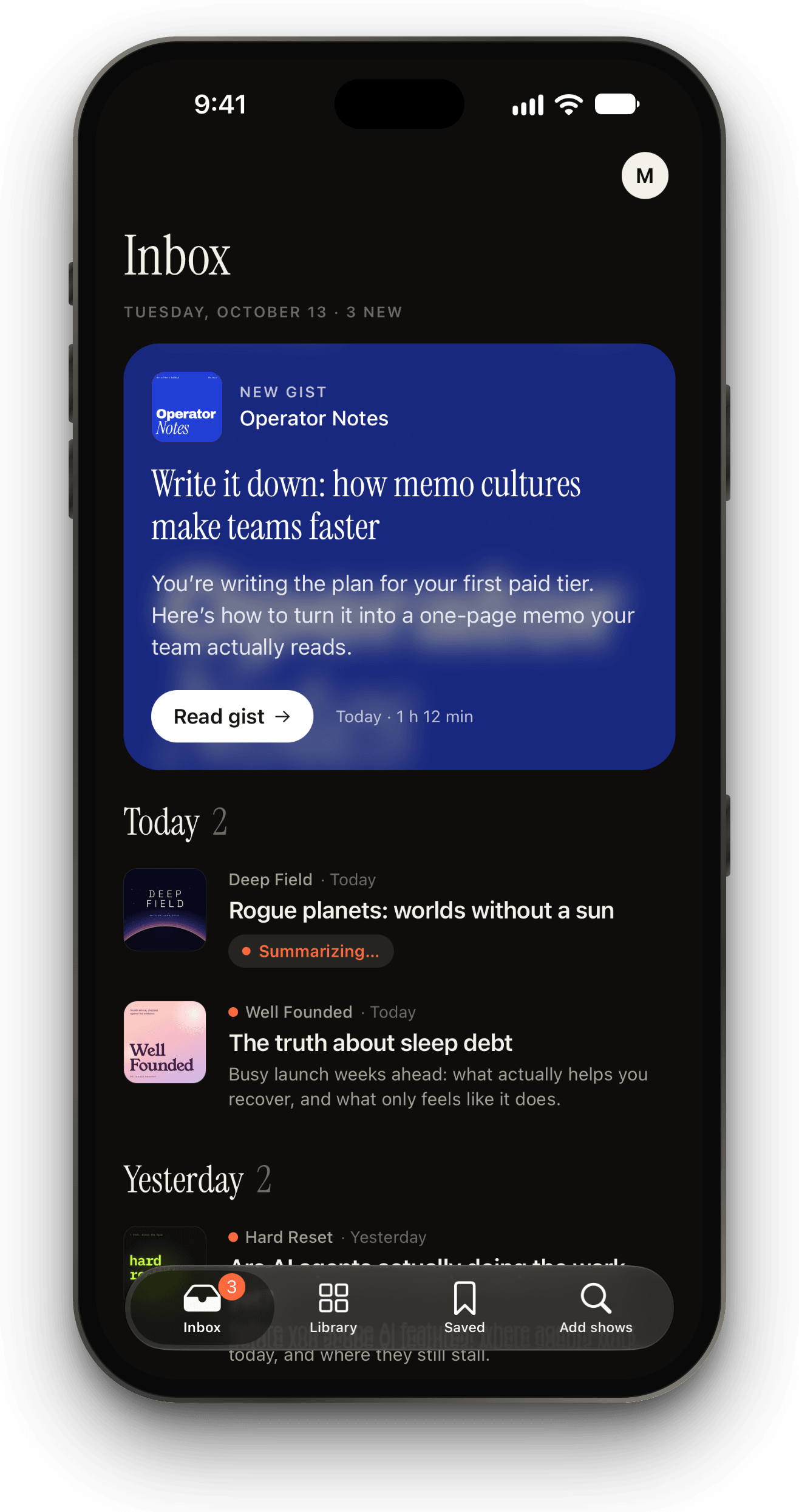 The Podgist inbox in the dark theme.