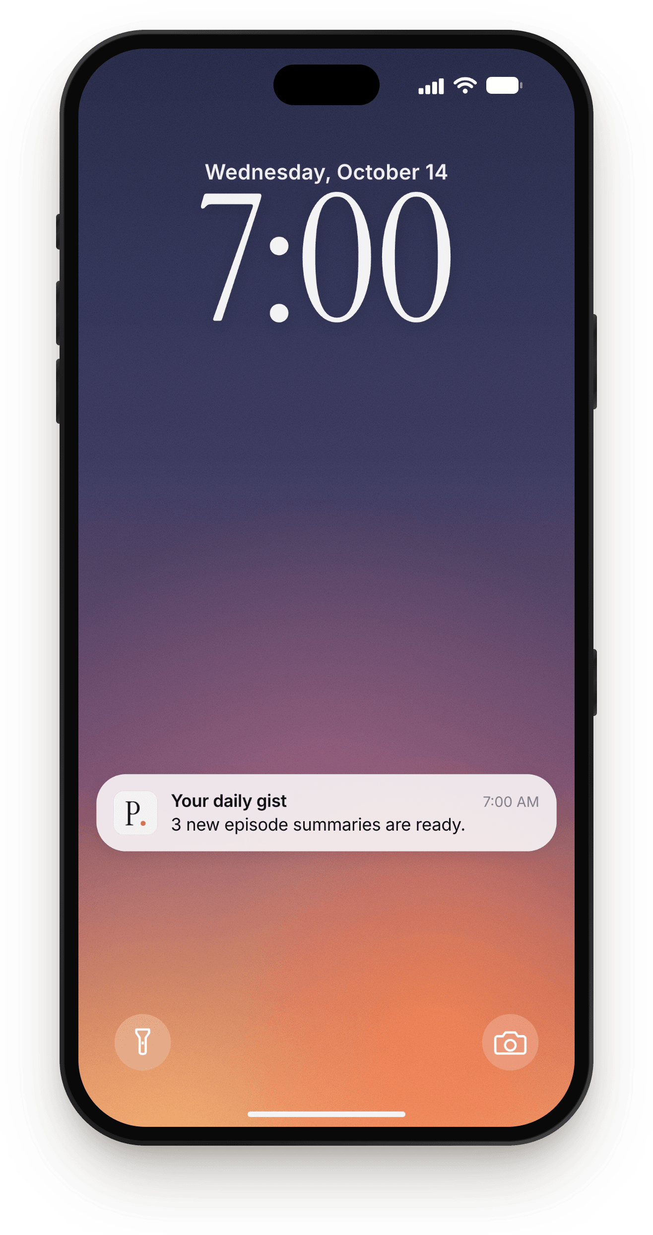 An iPhone lock screen with the Podgist daily digest: 3 new episode summaries are ready.